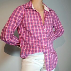 100 Cotton EUC Shirt Top Plaid Long Sleeves Bright Pink Blue Collar Layer Collar